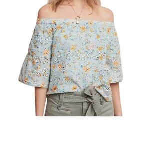 Anthropologie LAIA XS Blue Floral Eyelet Off Shoulder BlouseTop Raffle Cotton
